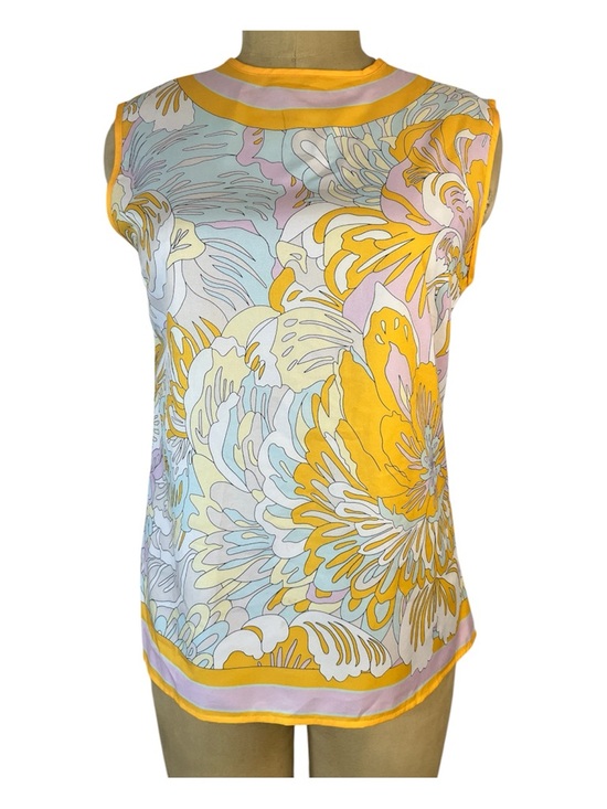 The Unbranded Brand Tops - Sleeveless Silk Retro Floral Print Camisole in Yellow and Pastels